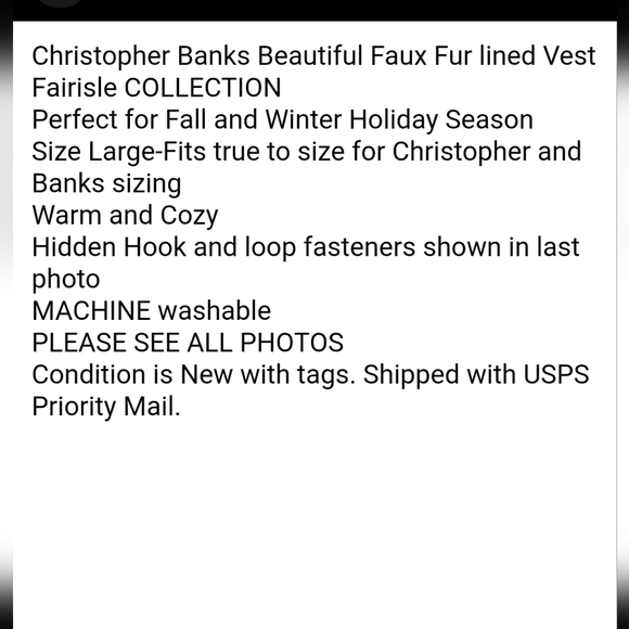 CHRISTOPHER & BANKS Medium Vest Faux fur trimmed Black White New! QUALITY - Picture 4 of 10